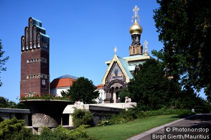 Germany, Hesse, Darmstadt, Mathildenhoehe, Russian chapel, wedding-tower, city, church, chapel, Russian, architecture, sight, landmark, tower, 5-finger-tower, brick-tower, construction, historically, domes, gold,