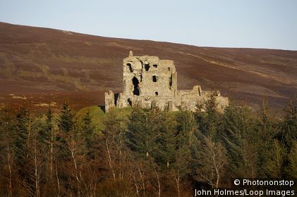 Scotland, Moray, Dufftown. A view across the trees to the remains of Auchindoun Castle in Moray.