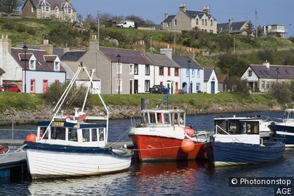 Helmsdale Harbour HELMSDALE SUTHERLAND Fishingboats pontoon quayside pier village cottages seafront