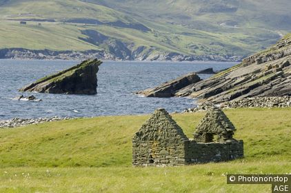 Ruins of ancient cattle building, Mousa island, Shetland, UK
