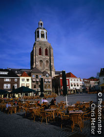 Netherlands, North Brabant, Old town square and clock tower of Bergen Op Zoom.