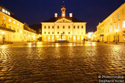 Estonia, Baltic, Tartu, Town Hall at night, from Raekoja Plats.