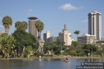 Kenya, Nairobi. Nairobi City skyline from Uhuru Park.
